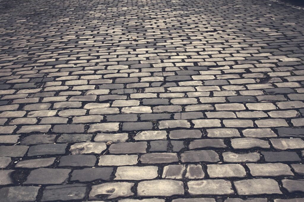 cobblestones, road, street, pavement, paving stones, cobblestone street, black and white, monochrome, road, road, street, street, street, street, street, pavement